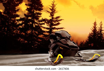 Snowmobile With Pine Trees At Sunset