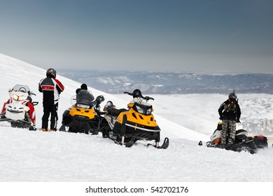 Snowmobile Racers Group Are Preparing To Race. Russia, Adygea, Lago-Naki Plateau, February 3, 2012.