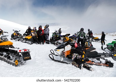 Snowmobile Racers Group Are Preparing To Race. Russia, Adygea, Lago-Naki Plateau, February 3, 2012.