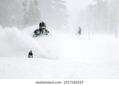 Snowmobiling deep snow, Upper Peninsula Michigan.