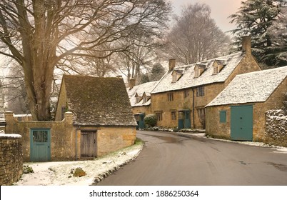 Snowshill village in snow, Cotswolds, Gloucestershire, England.