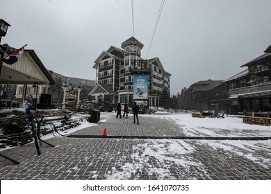 Snowshoe Mountain Resort, Virginia / February 7, 2020 : People On A Ski Slope In A West Virginia Resort During A Winter Storm