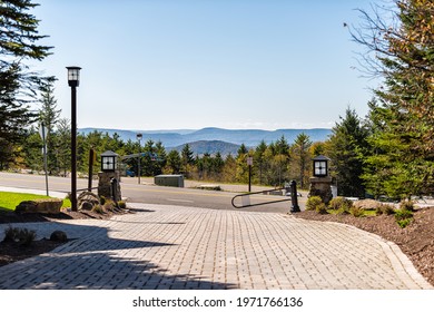 Snowshoe, West Virginia Small Allegheny Mountain Ski Resort Town With View On Mountains And Street Road By Sidewalk In Autumn Fall