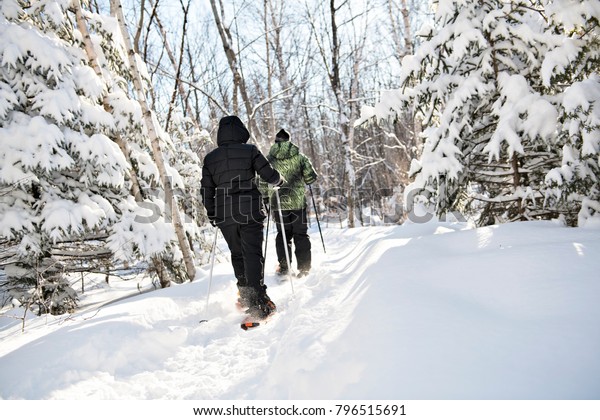 snowshoes people in forest
from back