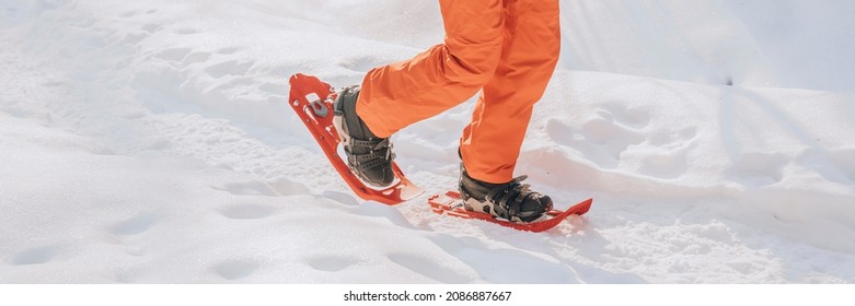 Snowshoes. Snowshoeing man in winter forest mountain in snow. People on hike in snow hiking in snowshoes living healthy active outdoor lifestyle in winter on snowy day. Legs and snowshoe closeup