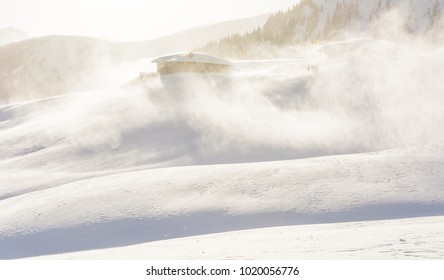 Snowstorm In The Mountains At Winter Time. Mountains Of Trentino Alto Adige, South Tyrol