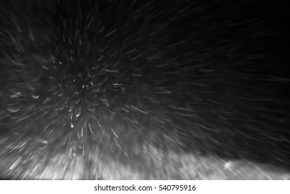 Snowstorm On A Country Road At Night, View From A Car, Black And White Photography