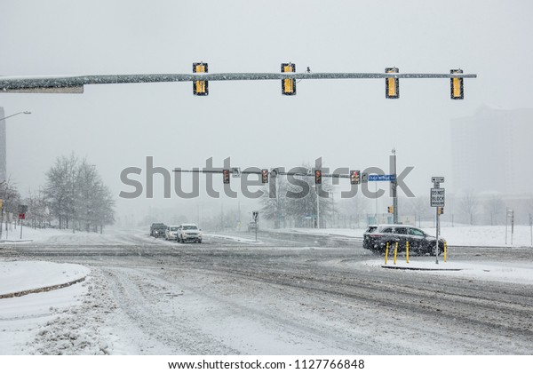 Snowstorm on the crossroad.  Blizzard in East Cost,\
Virginia, USA