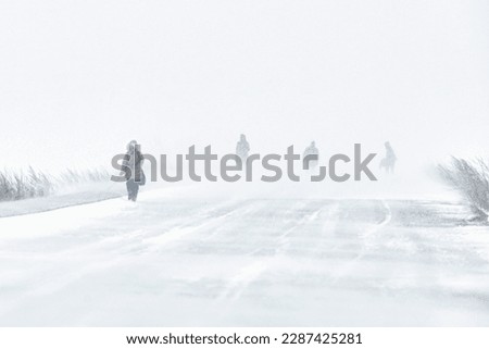 A snowstorm. People walk down the street during a snowstorm. Heavy snowfall.  against the background of a cold urban landscape