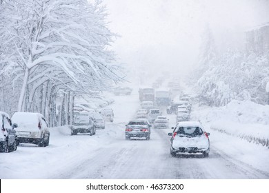 snowstorm, poor visibility,slick roads and lots of traffic - Shutterstock ID 46373200