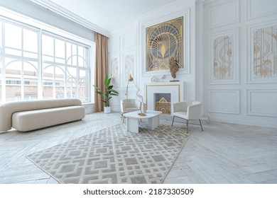 Snow-white Luxury Apartment Interior With Egyptian-style Decor With Light Stylish Furniture. Huge Panoramic Windows And An Archway. Minimalism And Simplicity With The Elegance Of Modern Housing Design