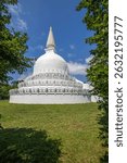 The snow-white Zalaszántó Peace Stupa, a Buddhist building and religious center on Lake Balaton in Hungary