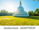The snow-white Zalaszanto Peace Stupa, a Buddhist building and religious center near Lake Balaton in Hungary