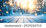 snowy Christmas background with blur effect with falling snowflakes on wood floor