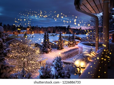 Snowy Christmas Street Magical Winter Feeling Scenery Seen From Balcony