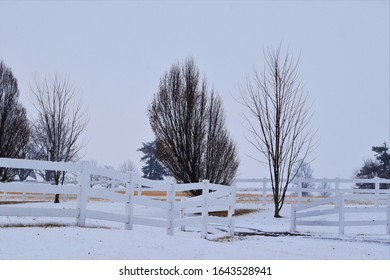 Snowy Farm Scene With A Fence And Trees