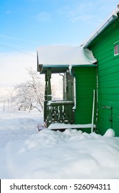 Snowy Front Steps Of Country House In Russian Village In Winter