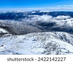 A snowy and icy mountainside rising above the other mountain ranges of New Hampshire. The winter view from Mount Washington NH is stunning in the winter season. Mountaineering and hiking background.