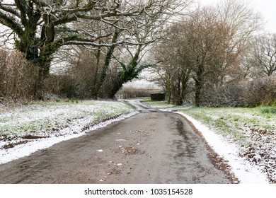 Snowy Icy Road In Winter/spring, Somerset, UK