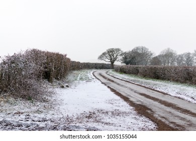 Snowy Icy Road In Winter/spring, Somerset, UK