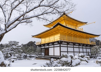 Snowy Kinkaku-ji Temple in winter. Famous tourist attraction in Kyoto, Japan. The Golden Pavilion, Kinkakuji, rokuon-ji, rokuon-ji. Snow landscape. - Powered by Shutterstock