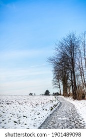 Snowy landscape with path and blue sky