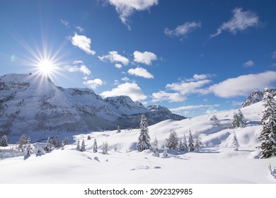 Snowy landscape in the ski resort dolomiti superski in the italian alps