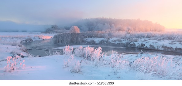 Snowy meadow and grass with hoarfrost illuminaed by rising sun. Beautiful winter landscape. Foggy winter morning. - Powered by Shutterstock