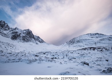 Snowy mountain with cloudy in the sky on winter at Nordland, Lofoten Islands, Norway