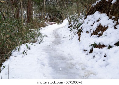 Snowy mountain path.
