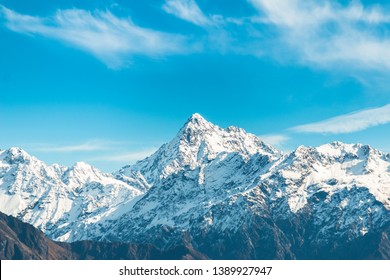 Snowy Mountain Peaks, Large High Altitude Mountains With Blue Sky Background, New Zealand Landscape, Close Up Mountains, Snow Capped Peak