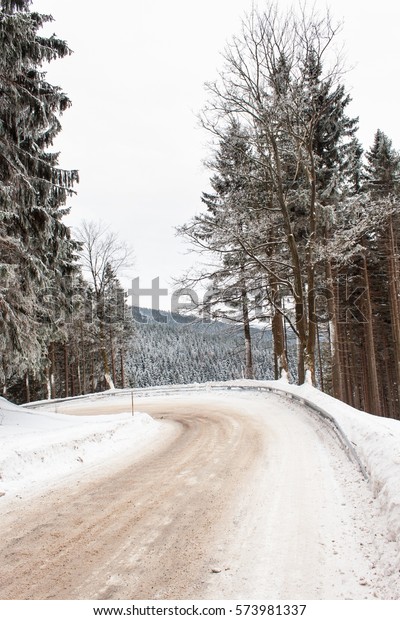 Snowy\
mountain road. Risk of ice. Path in snowy\
woods.