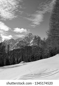 Snowy mountains of the famous Sesto Dolomites on a sunny winter day, black and white photo, Alps, south tyrol, alto adige, Italy, Europe