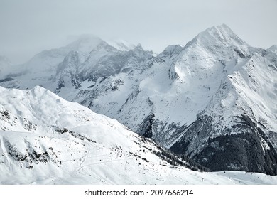 Snowy mountains in winter weather high alpine landscape, ski resort of Paradiski, France