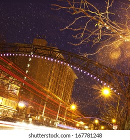 Snowy Night In The Busy Short North In Columbus, Ohio