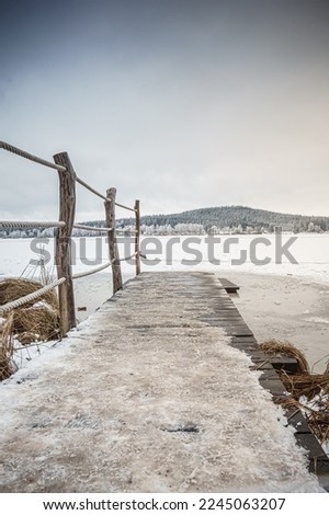 Snowy old bridge frozen lake cold winter