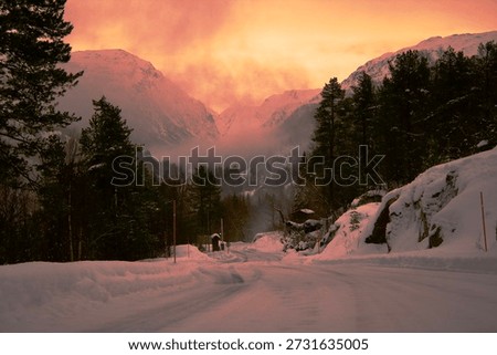 A snowy path or road winds through a dense evergreen forest, leading towards misty, snow-capped mountains. The entire scene is colored by a dramatic orange and pink sunset, creating a mysterious and beautiful winter atmosphere.