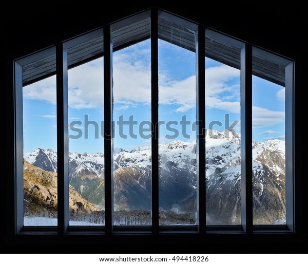 Snowy Peaks Through Window Alpine Cabin Stock Photo Edit Now