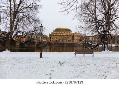 Snowy Prague Old Town with National Theatre, Czech Republic