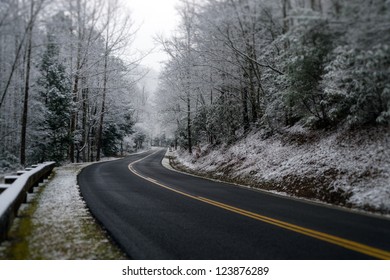 Snowy Road During Winter At The Great Smoky Mountains National Park