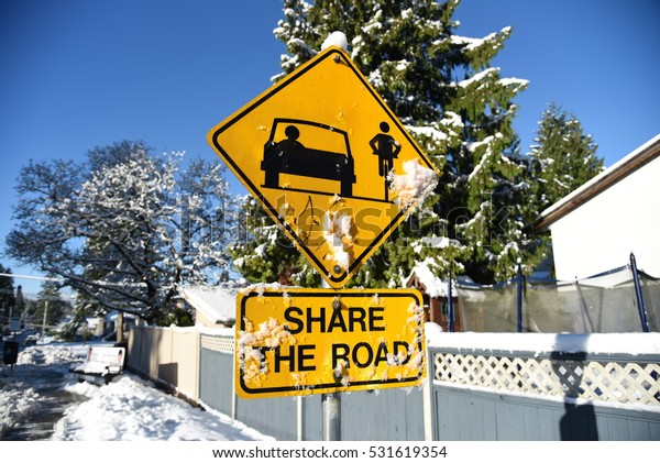 Snowy road sign - Share The\
Road