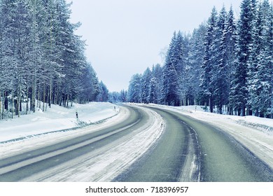 Snowy Road In Winter Rovaniemi, Lapland, Finland