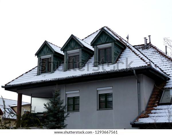 Snowy Rustic Clay Roof Dormers On Stock Photo Edit Now 1293667561