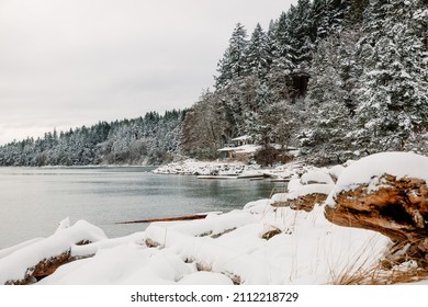 Snowy Shoreline On Cortes Island, BC