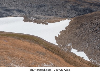 Snowy stony pass under wide big snow-white glacier in high mountains. Alpine valley and large snowfield on rocky hill slope close up. Texture of mountain terrain with water streams from glacier. - Powered by Shutterstock