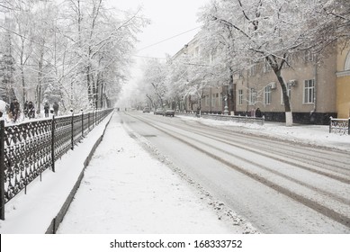 Snowy Street In Voronezh City, Russia.