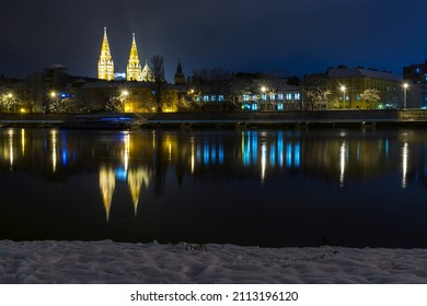 Snowy Szeged In Winter From The Beach Of Tisza River