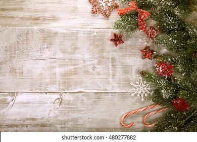 Snowy Table. Festive Christmas Background. Photo Frame, Postcard, Poster, Invitation. Happy New Year. Stylized Background. View From The Top