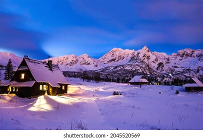 Snowy Village In Winter Snow Mountains