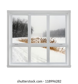 Snowy Winter Landscape Seen Through The Window.